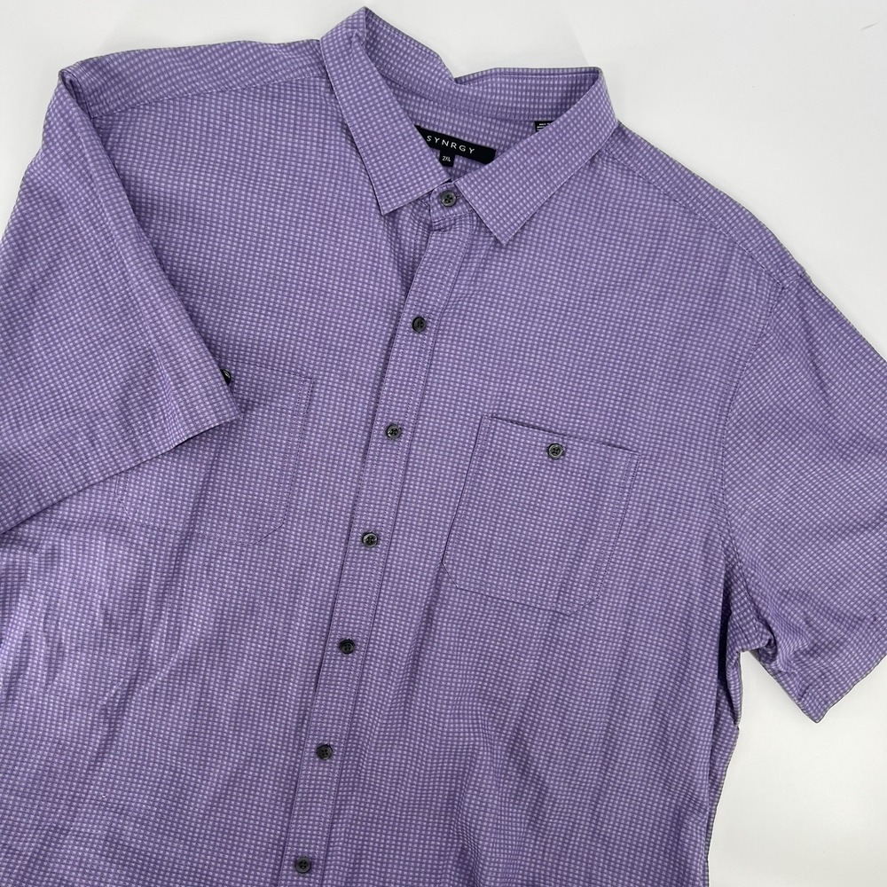 Mens Purple Synrgy Button Up Short Sleeve Shirt Gingham Pattern sz 2XL